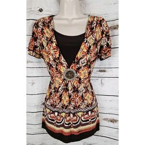 Vintage 90's Fairy Grunge Top S Ikat Beaded Medallion Y2K Jersey Babydoll Tunic